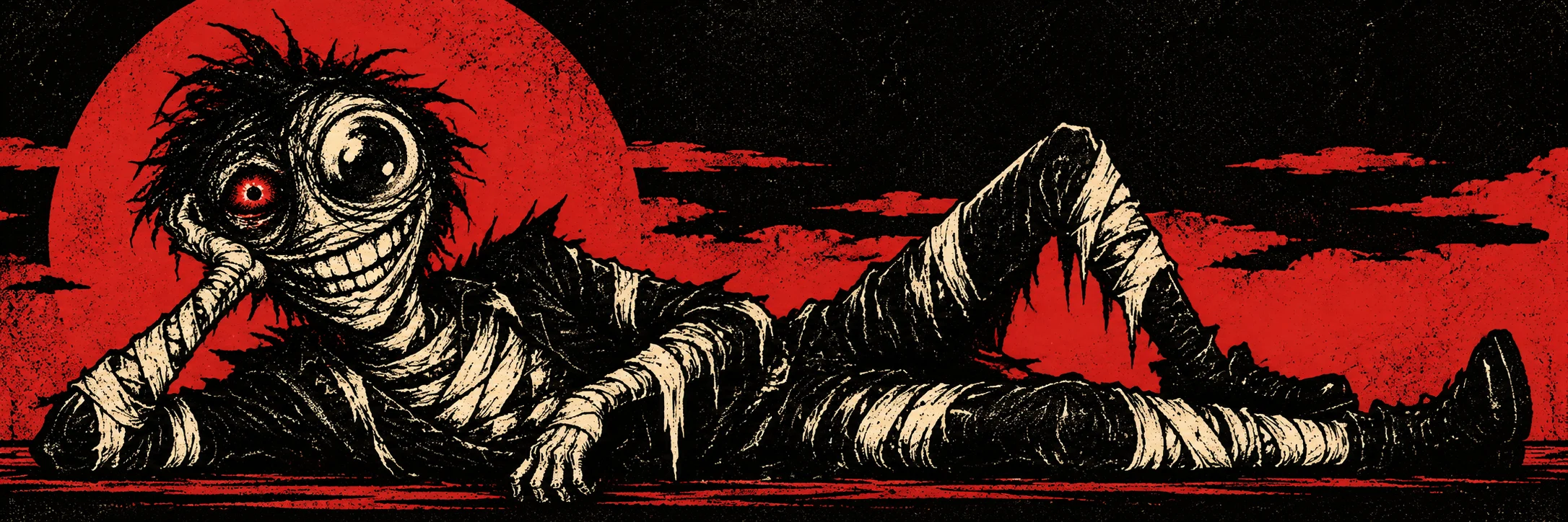 The bandaged character lounges under a red sun, grinning despite everything.